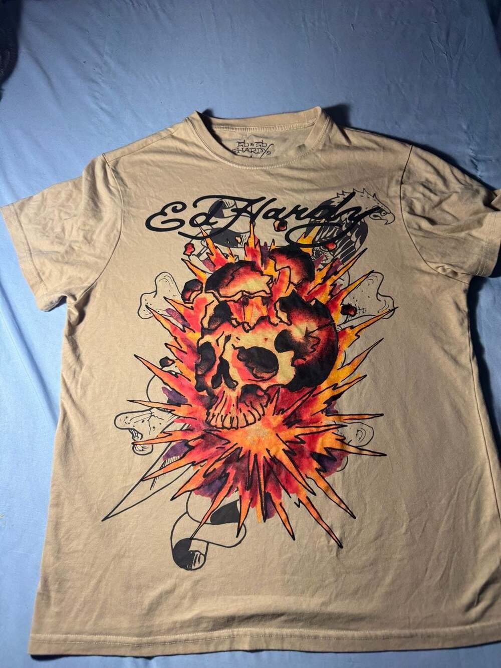 Ed Hardy Exploding Skull Graphic T-Shirt Size L Tan